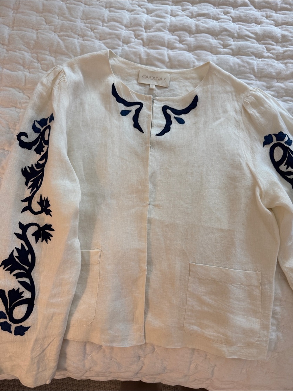 White Linen Jacket with Navy Embroidery by Carolina K